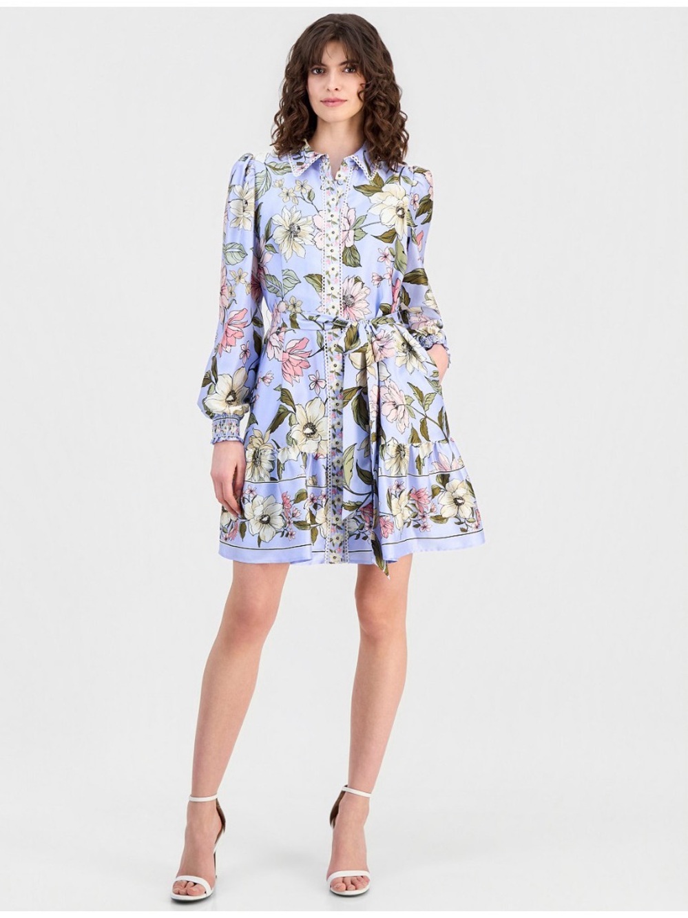 Anne Klein 2026 Floral Satin Button-Front Shirtdress in Light Blue